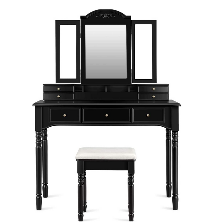 Vanity Set with Tri-Folding Mirror &amp; 8 Necklace Hooks, 7 Drawers, 2 Dividers, 6 Desktop Makeup Organizers - Giantexus