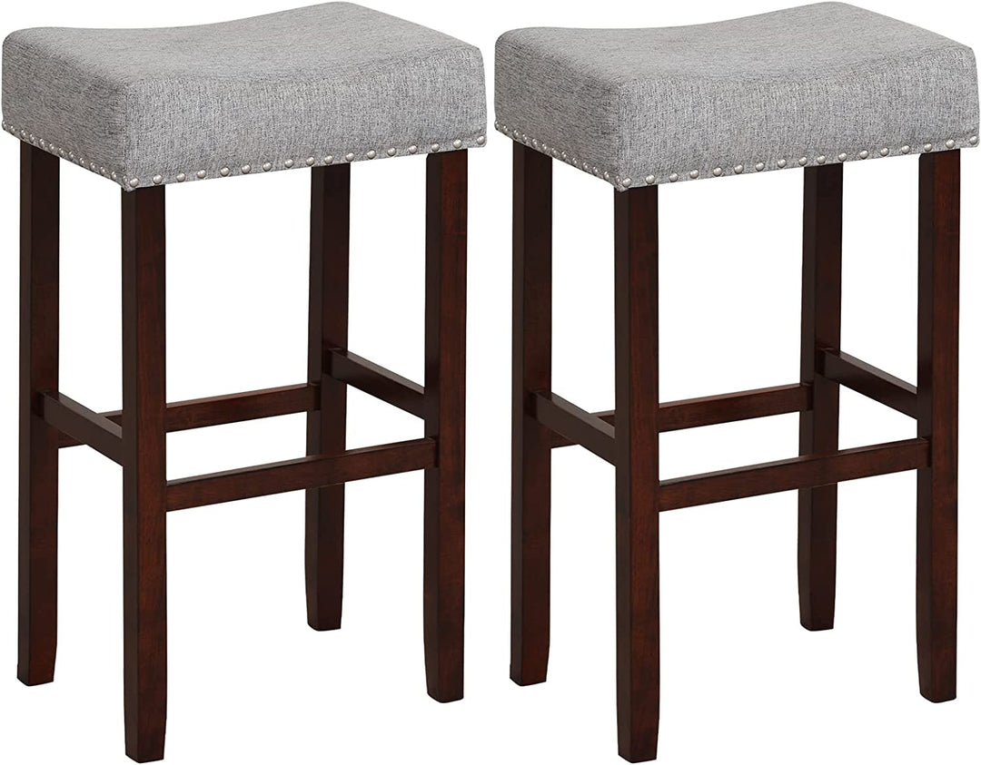 Giantex 29.5" Bar Height Bar Stools Set of 4 - Backless Saddle Barstools with Nailhead Linen Foam Seat