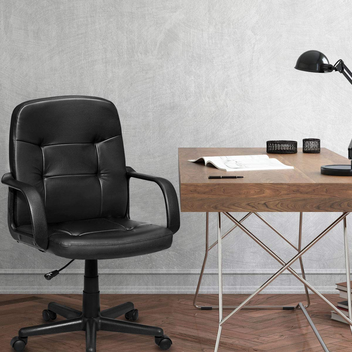 Giantex Ergonomic Office Chair Black Mid-Back Leather Computer Desk Chair with Arms