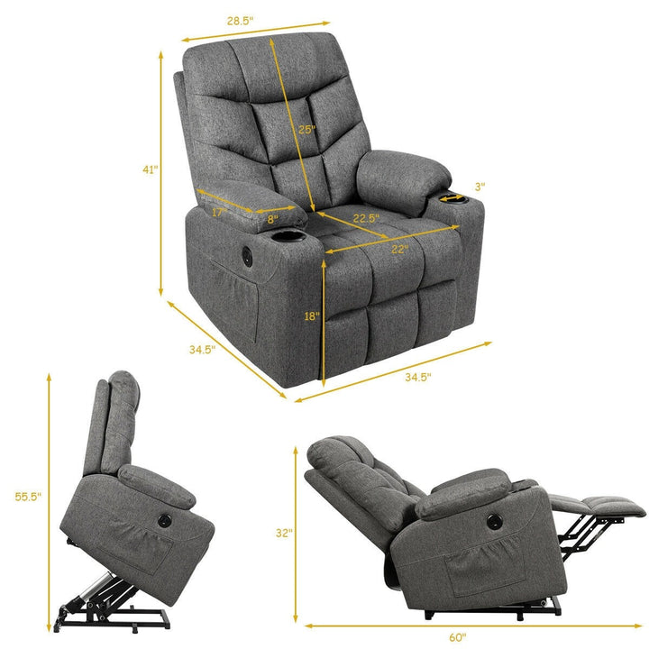 Power Lift Chair w/ 8 Point Massage &amp; Lumbar Heat &amp; 2 Side Pockets Cup Holders USB Charge Port