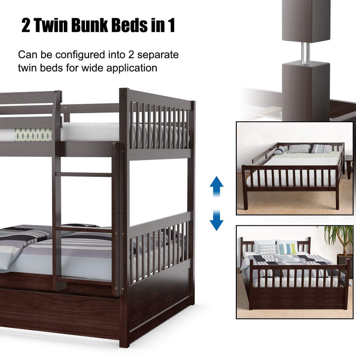 Giantex Full Over Full Bunk Bed with Trundle Guardrails and Ladder