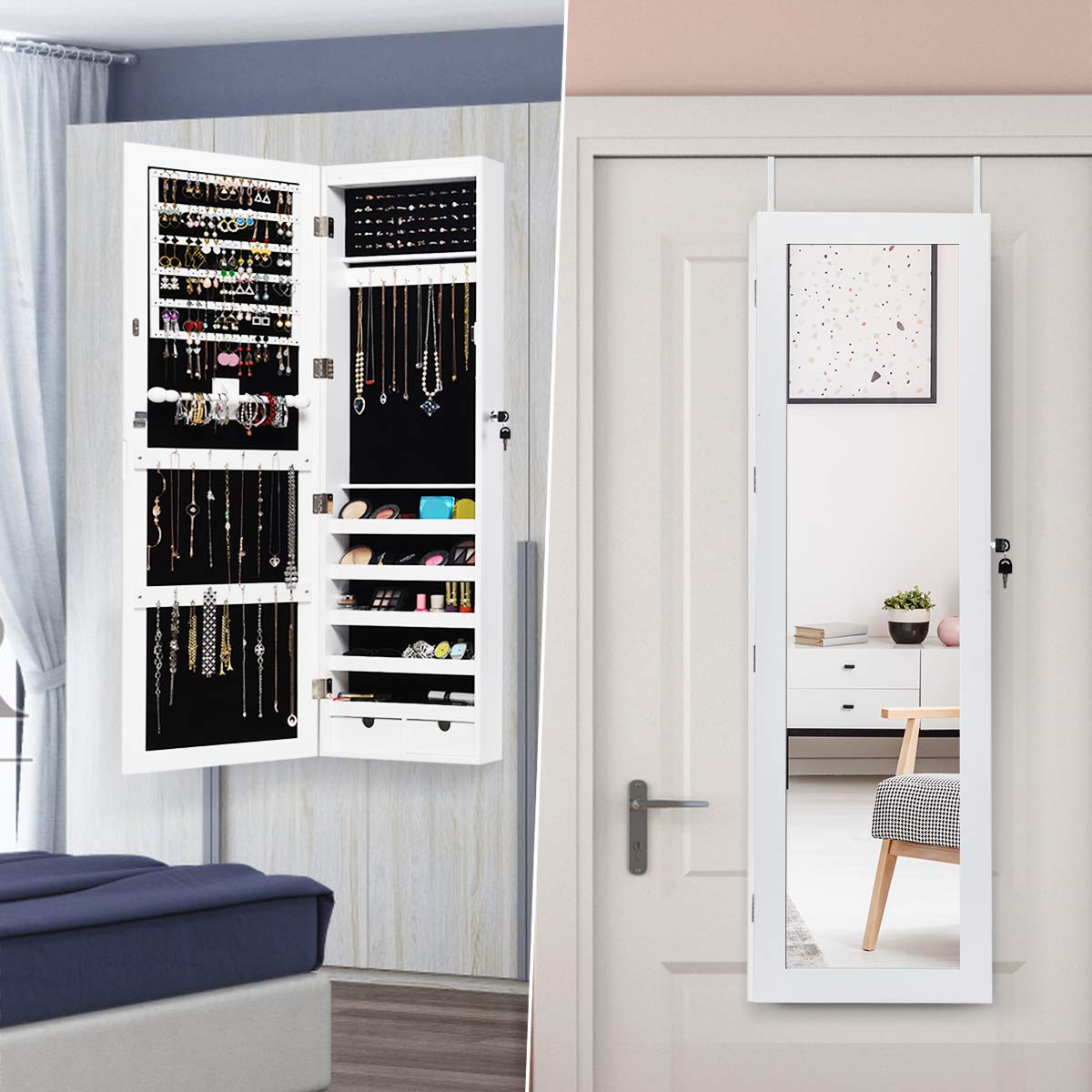 Wall Door Mount Jewelry Armoire Cabinet with 15 LED Lights - Giantex