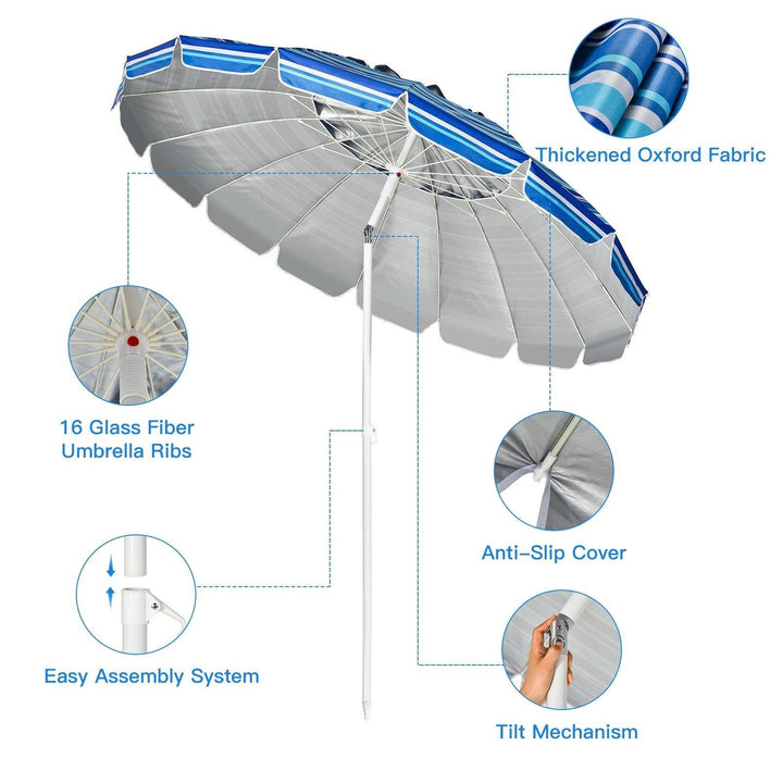 8 Ft Beach Umbrella, Patio Sunshade Umbrella with Sand Anchor &amp; Tilt Mechanism, 16 Fiberglass Ribs - Giantexus