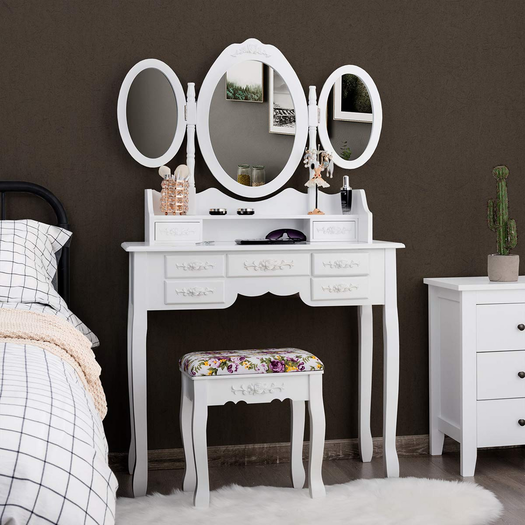 Vanity Set with Tri-Folding Mirror and Cushioned Stool - Giantex