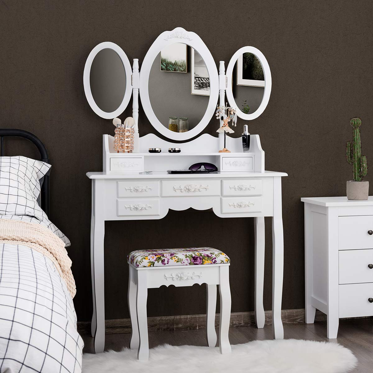 Vanity Set with Tri-Folding Mirror and Cushioned Stool - Giantex