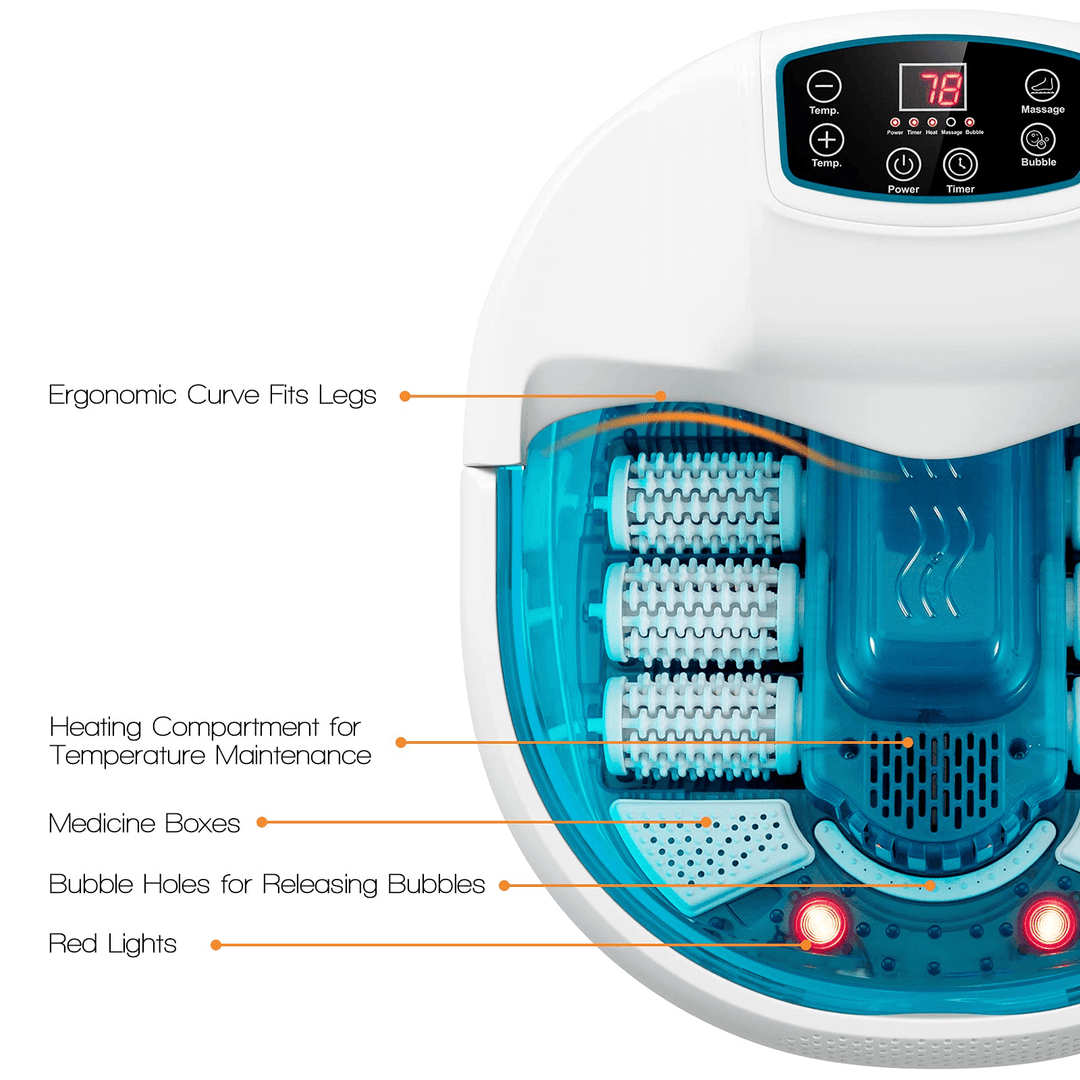 Giantex Foot Spa Bath Massager with Heat Bubbles, 6 Motorized Massage Rollers, Fast Heating, Red Light, Adjustable Temperature &amp; Time (Blue/White) - Giantexus
