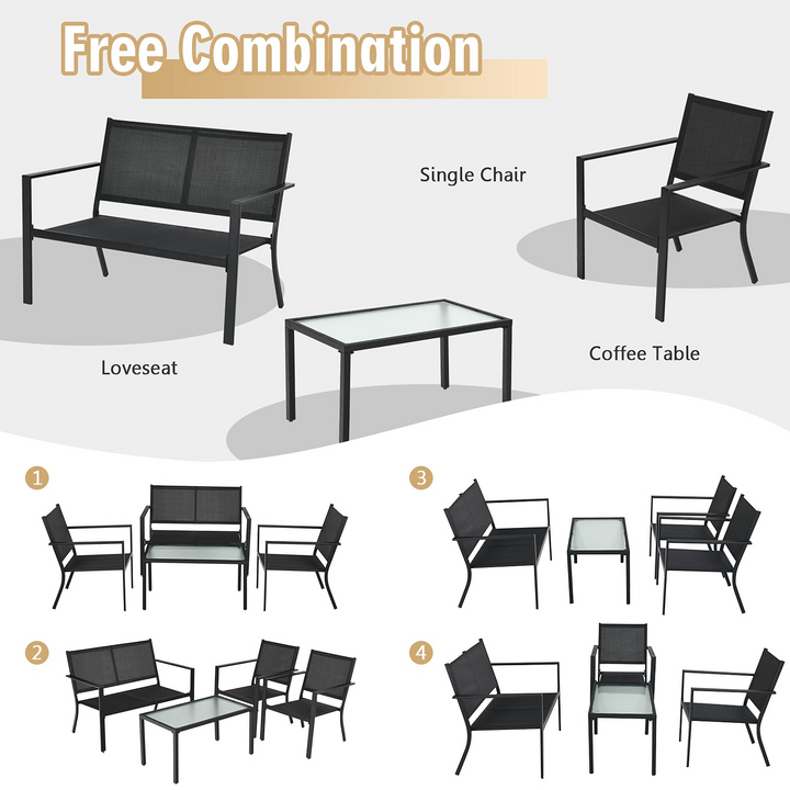 Giantex 4 Pieces Patio Furniture Set, Outdoor Conversation Set, Loveseat Bench with 2 Patio Chairs &amp; Tempered Glass Coffee Table