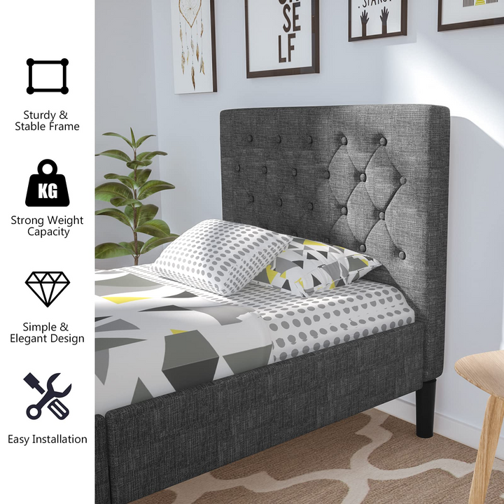 Elegant &amp; Modern Style Twin Size Upholstered Stable Bed Base with Button Stitched Headboard