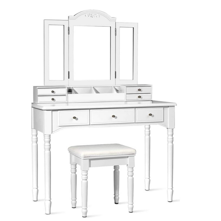 Vanity Set with Tri-Folding Mirror &amp; 8 Necklace Hooks, 7 Drawers, 2 Dividers, 6 Desktop Makeup Organizers - Giantexus