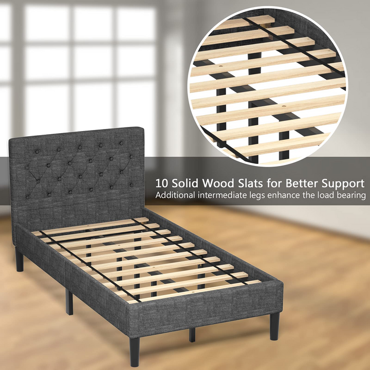 Elegant &amp; Modern Style Twin Size Upholstered Stable Bed Base with Button Stitched Headboard