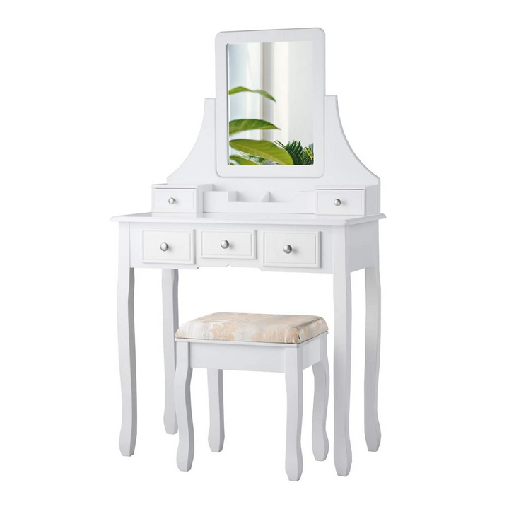 CHARMAID Makeup Vanity Set with Mirror and Cushioned Stool, 5 Drawers and Removable Storage Organizers - Giantexus