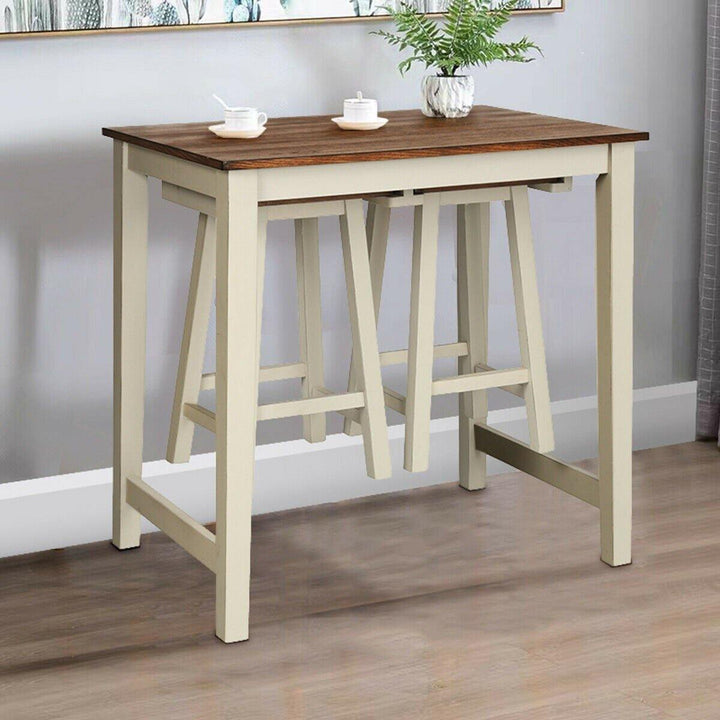 3 Piece Pub Dining Set, Counter Height Pub Table with 2 Saddle Bar Stools, Tavern Collection Table (Brown &amp; Milky White) - Giantexus
