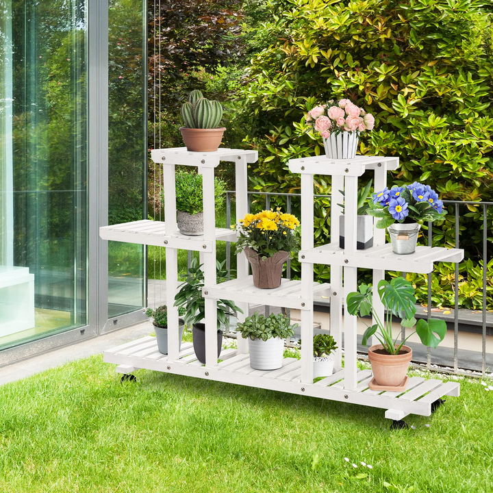Giantex Rolling Flower Rack Wood Plant Stand on Wheels