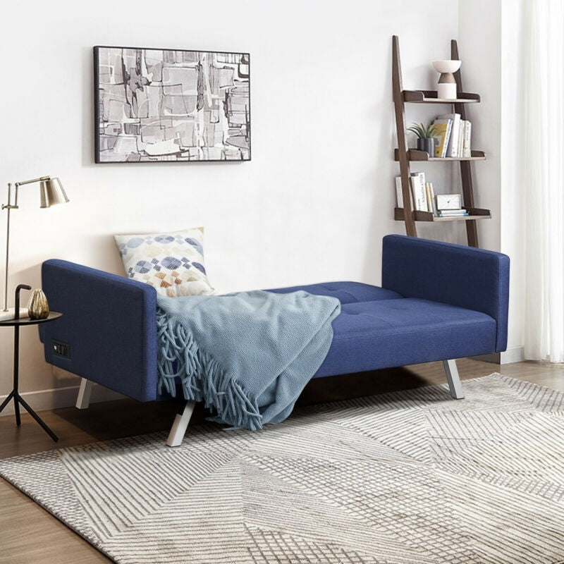 Convertible Futon Sofa, Modern 3 Seat Sofa Bed with USB and Power Strip