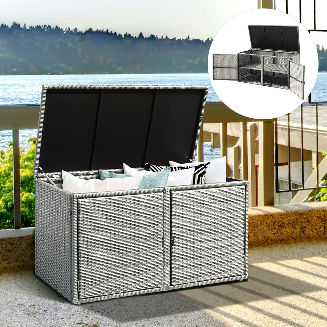 Rattan Deck Box Outdoor&amp;Indoor 88 Gallon Wicker Storage Bench W/Separate Storage Shelf