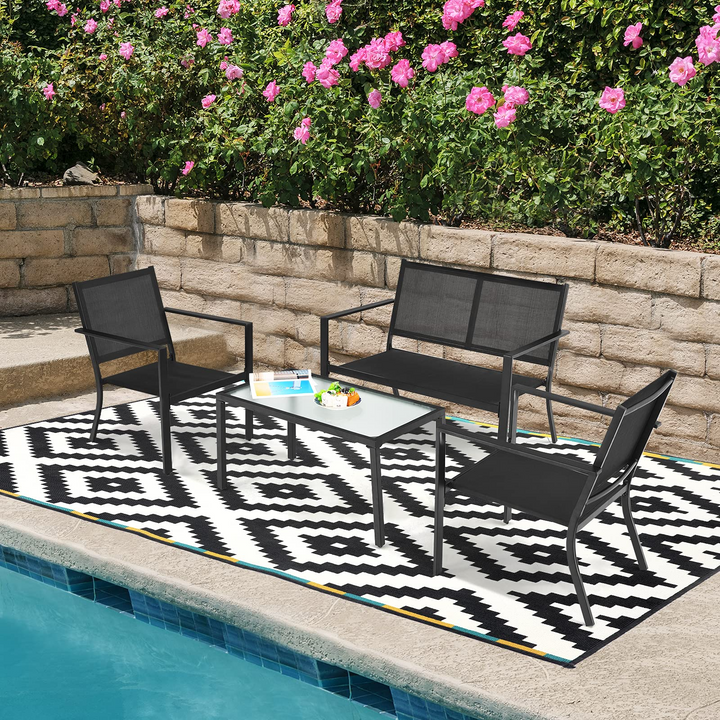 Giantex 4 Pieces Patio Furniture Set, Outdoor Conversation Set, Loveseat Bench with 2 Patio Chairs &amp; Tempered Glass Coffee Table
