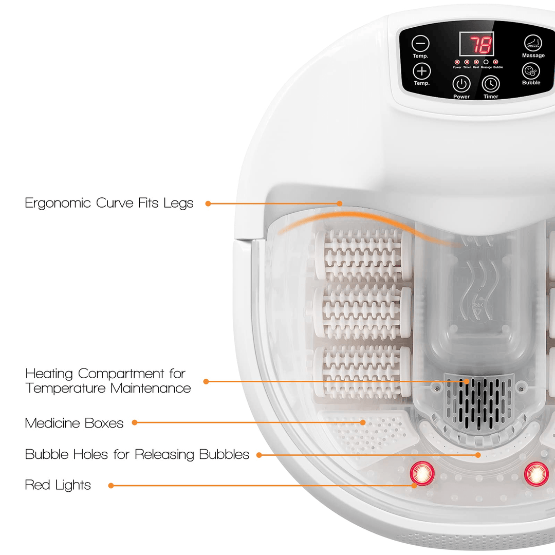 Giantex Foot Spa Bath Massager with Heat Bubbles, 6 Motorized Massage Rollers, Fast Heating, Red Light, Adjustable Temperature &amp; Time (Blue/White) - Giantexus