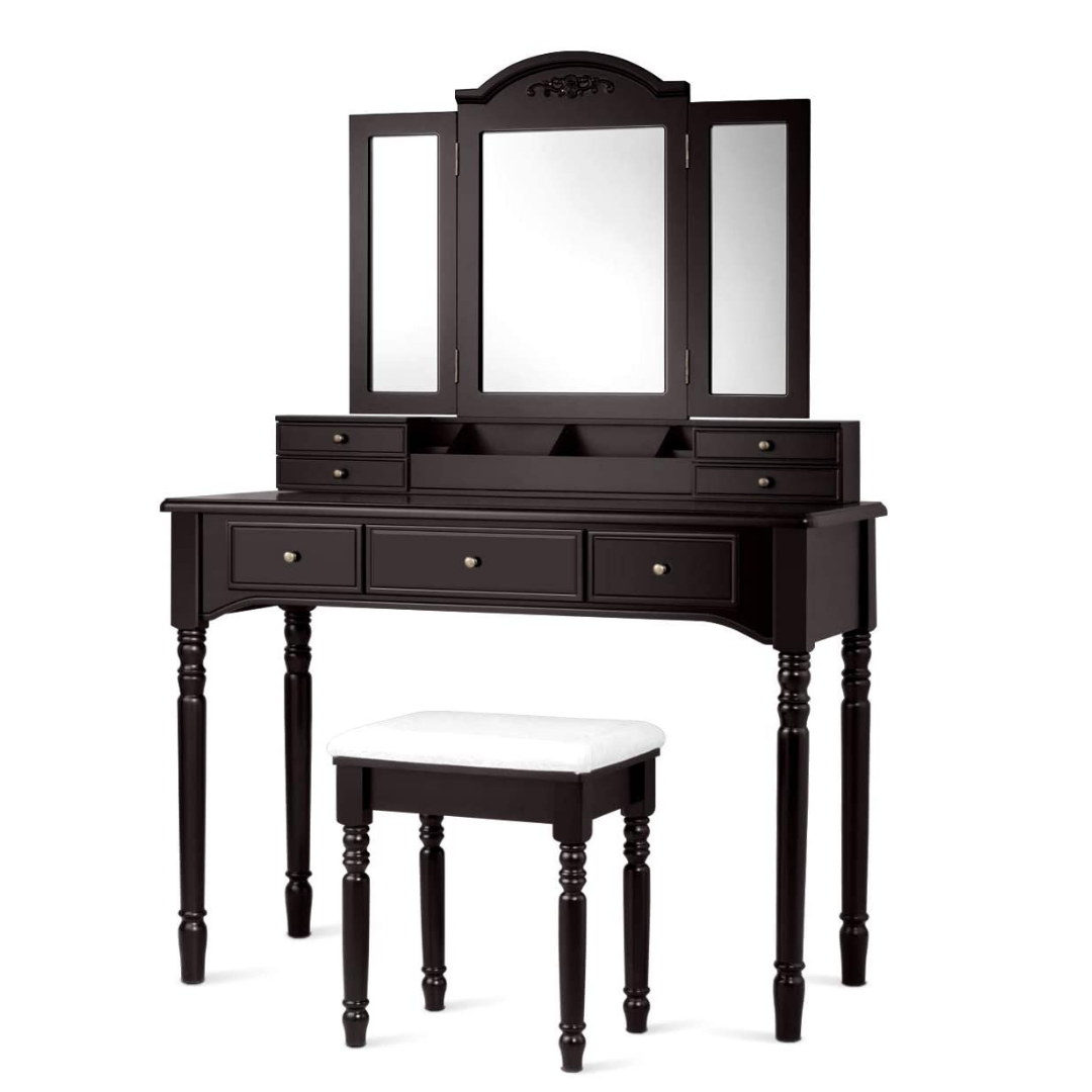 Vanity Set with Tri-Folding Mirror &amp; 8 Necklace Hooks, 7 Drawers, 2 Dividers, 6 Desktop Makeup Organizers - Giantexus