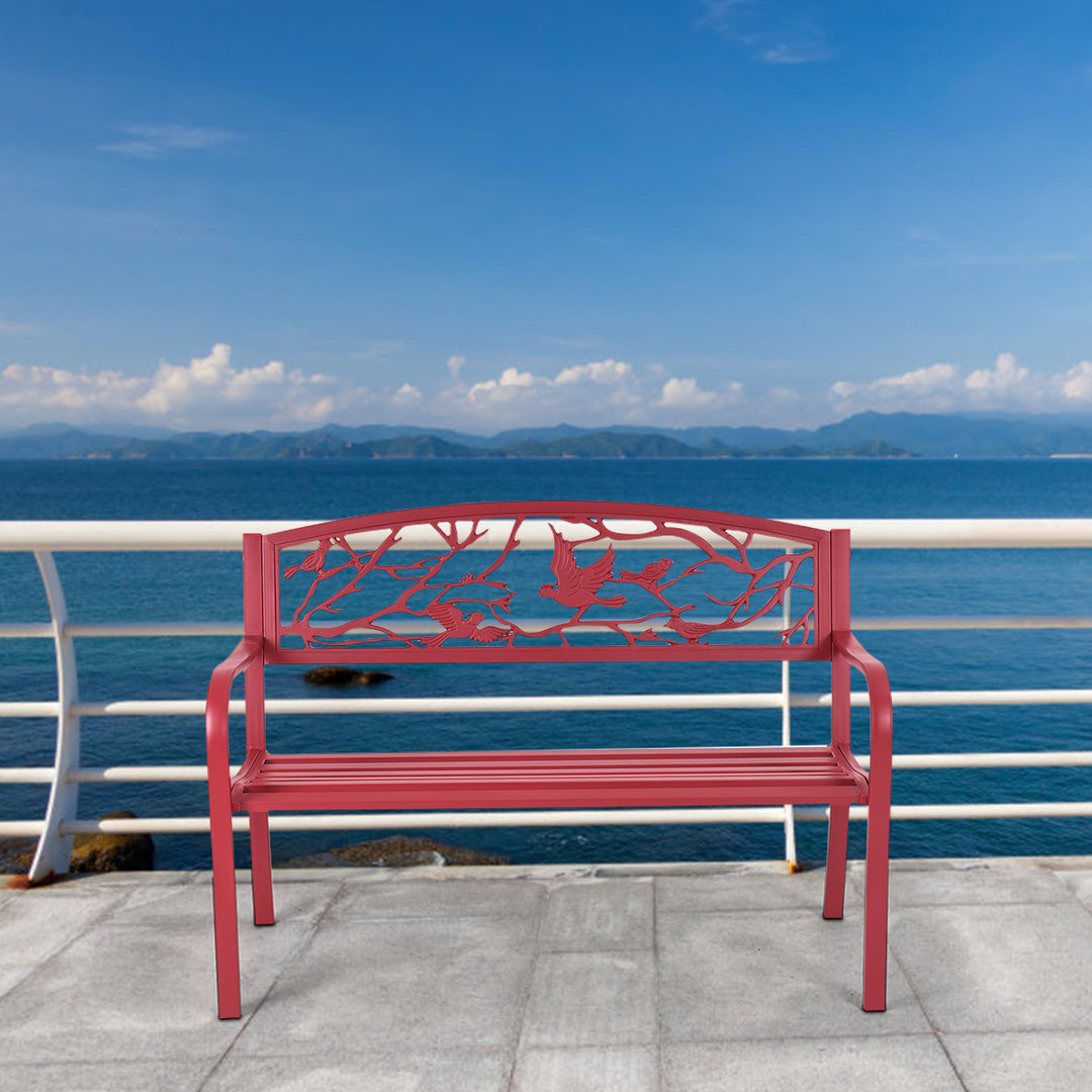 Giantex Patio Garden Bench Park Yard Outdoor Furniture Cast Iron Porch Chair (Red)