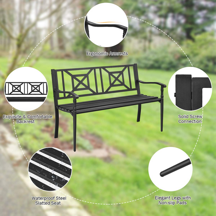 Giantex Elegant Loveseat w/Decorative Backrest &amp; Ergonomic Armrest for Outdoor Garden, Backyard, Lawn, Porch, Path (Black)