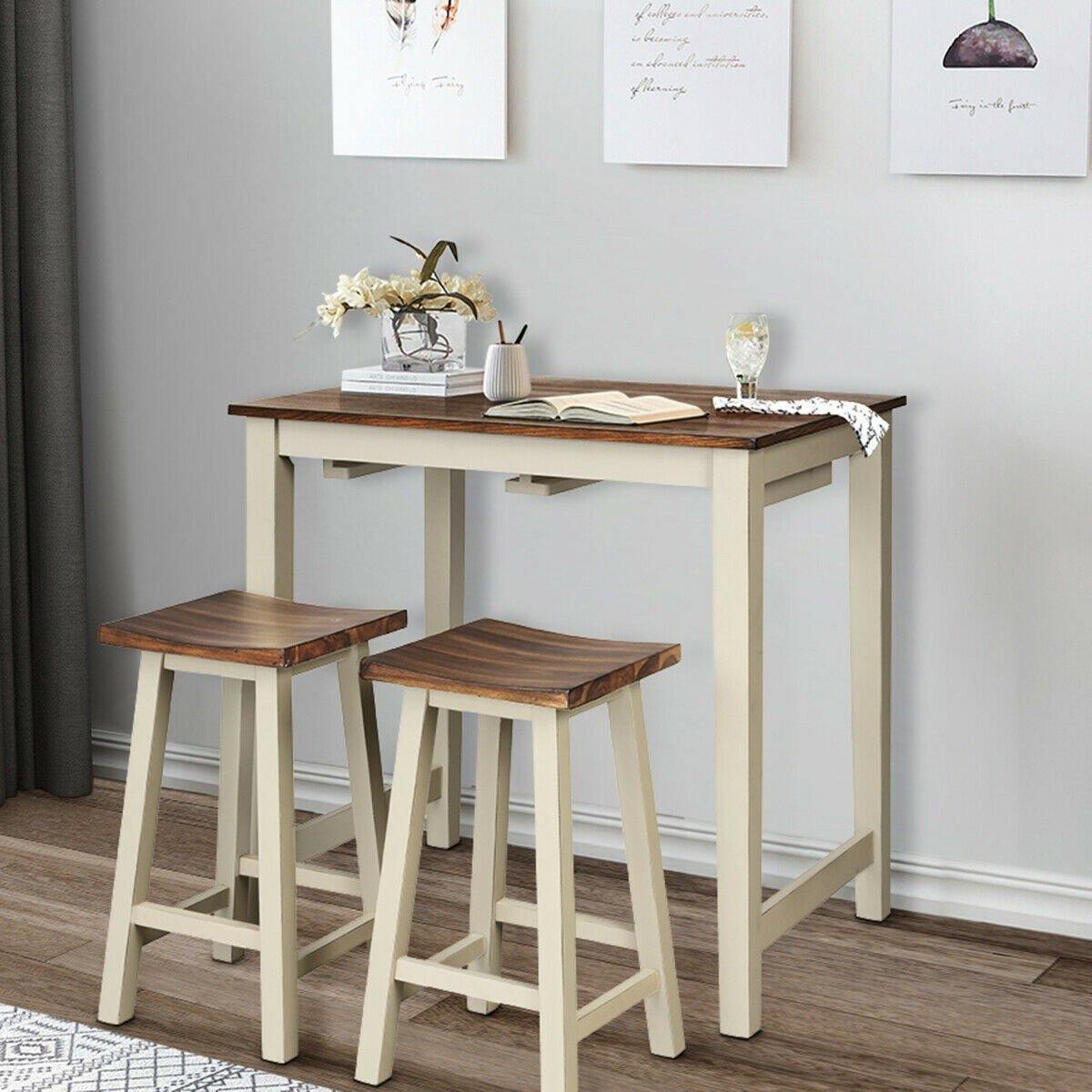 3 Piece Pub Dining Set, Counter Height Pub Table with 2 Saddle Bar Stools, Tavern Collection Table (Brown & Milky White) - Giantexus