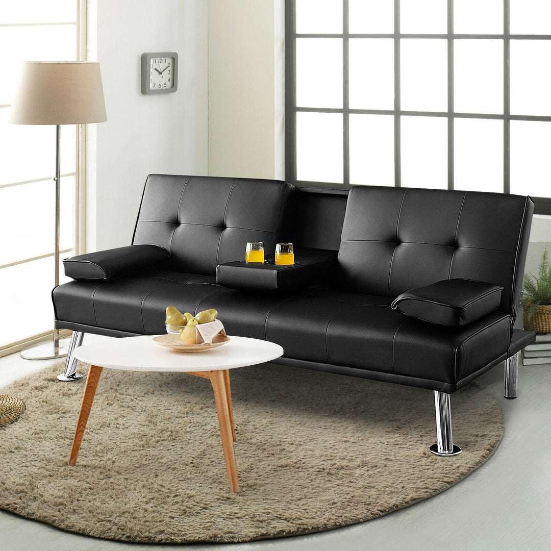 Giantex Modern Convertible Futon Sofa Bed,2 Cup Holders, Backrest Adjustable