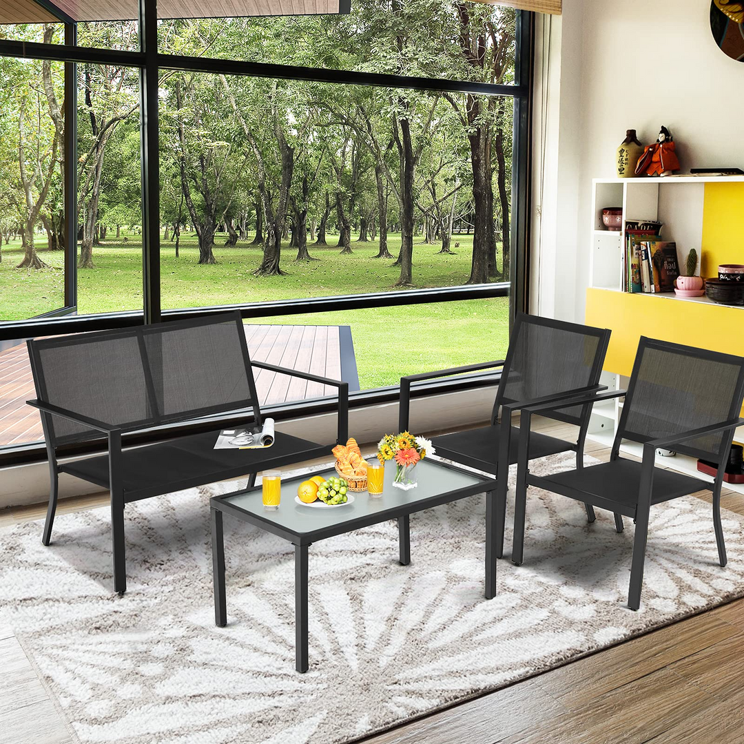 Giantex 4 Pieces Patio Furniture Set, Outdoor Conversation Set, Loveseat Bench with 2 Patio Chairs &amp; Tempered Glass Coffee Table