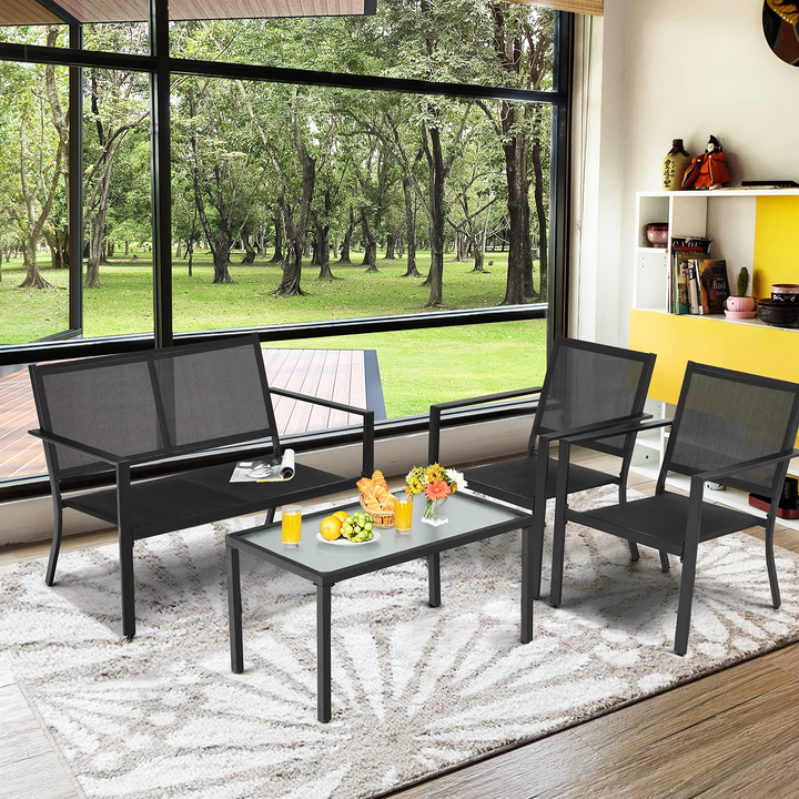 Giantex 4 Pieces Patio Furniture Set, Outdoor Conversation Set, Loveseat Bench with 2 Patio Chairs &amp; Tempered Glass Coffee Table