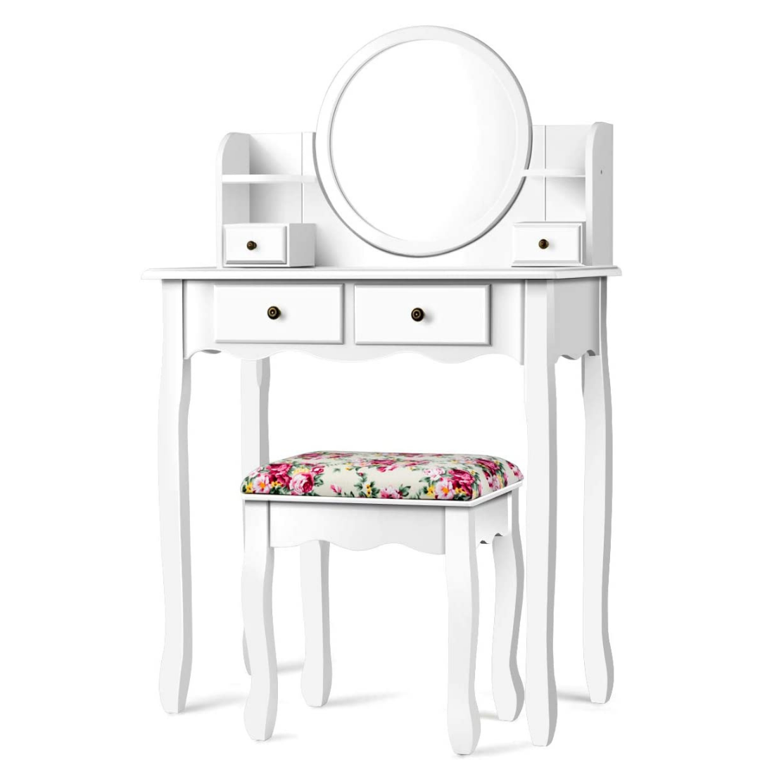 CHARMAID | Vanity Set with 4 Storage shelves and 4 Drawers, Makeup Table with 360?? Pivoted Round Mirror and Makeup Organizers - Giantexus