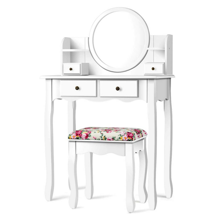 CHARMAID | Vanity Set with 4 Storage shelves and 4 Drawers, Makeup Table with 360?? Pivoted Round Mirror and Makeup Organizers - Giantexus