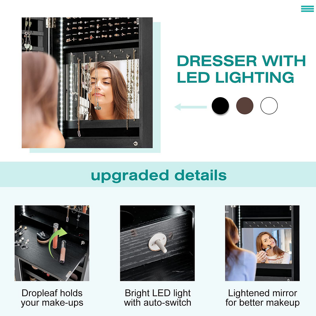 CHARMAID LED Strip Jewelry Armoire with 47.2" H Full Length Mirror