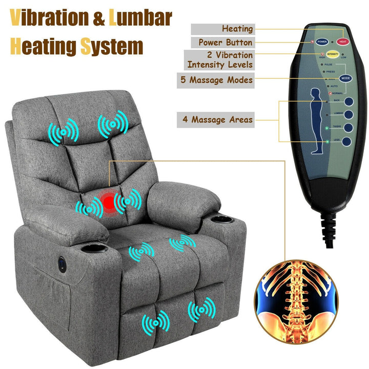 Power Lift Chair w/ 8 Point Massage &amp; Lumbar Heat &amp; 2 Side Pockets Cup Holders USB Charge Port