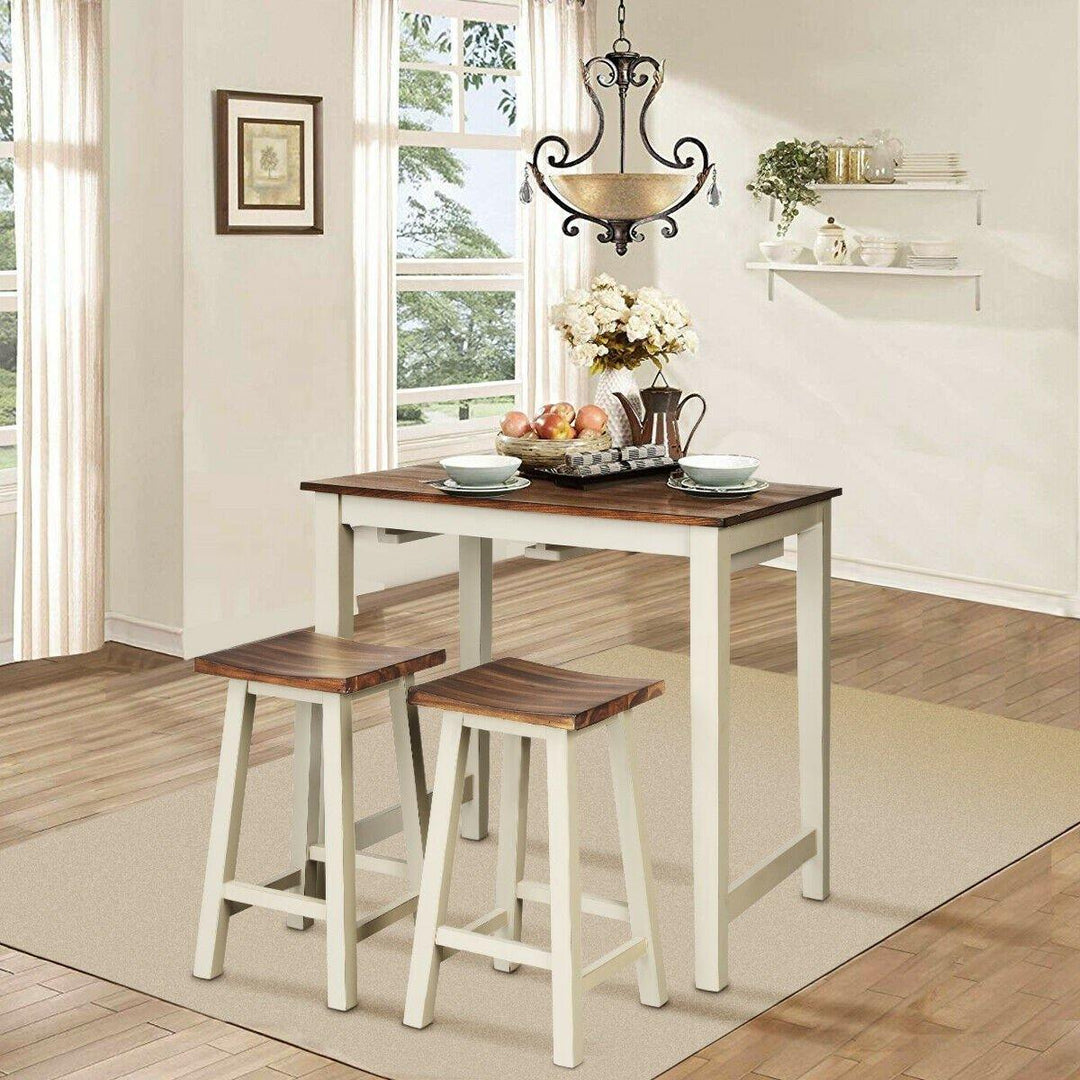 3 Piece Pub Dining Set, Counter Height Pub Table with 2 Saddle Bar Stools, Tavern Collection Table (Brown &amp; Milky White) - Giantexus