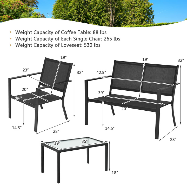 Giantex 4 Pieces Patio Furniture Set, Outdoor Conversation Set, Loveseat Bench with 2 Patio Chairs &amp; Tempered Glass Coffee Table