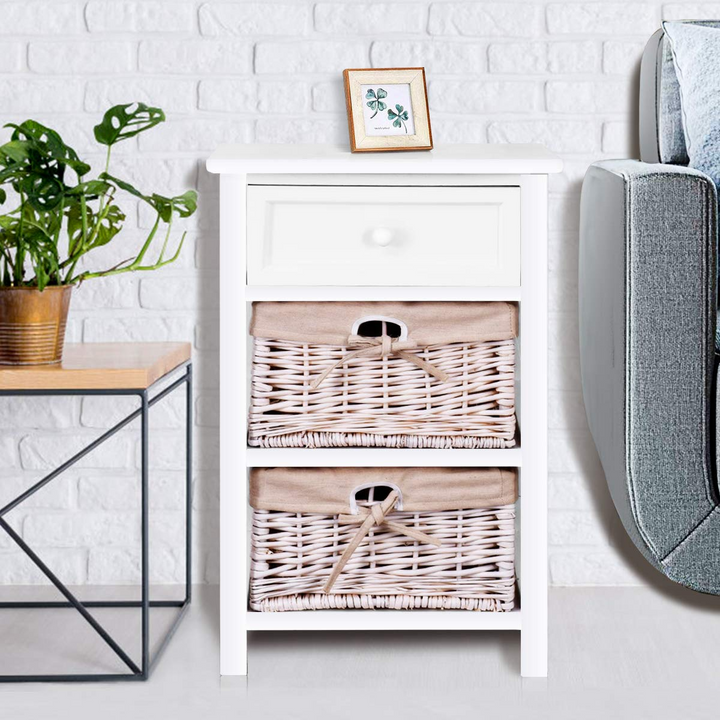 Giantex Wooden Nightstand 3 Tiers W/ 2 Baskets and 1 Drawer Bedside Sofa Storage Organizer