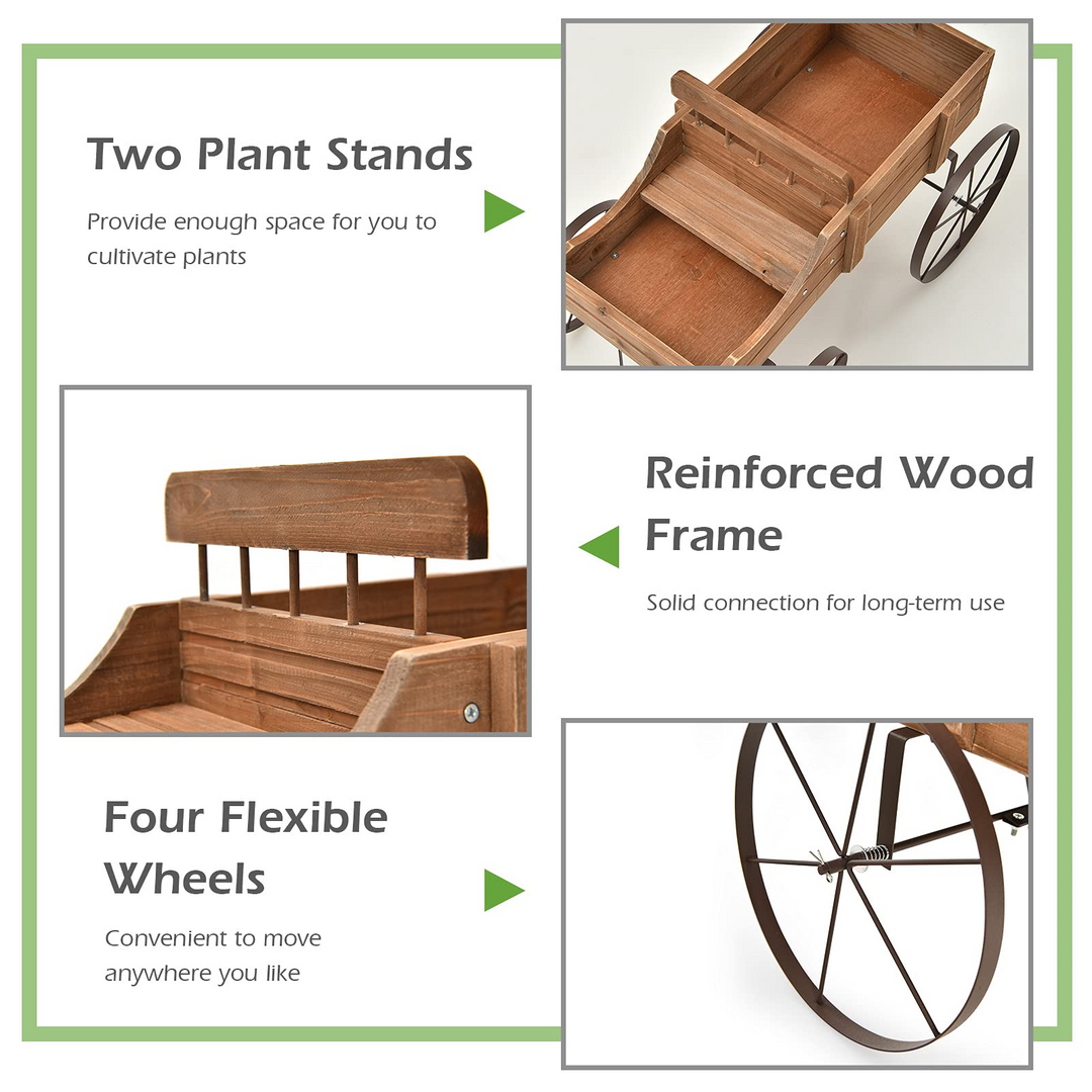 Giantex Decorative Garden Planter, Small Wagon Cart with Metal Wheels, Wood Raised Beds Plant Pot Stand for Backyard Garden Patio 24.5"x13.5"x24"