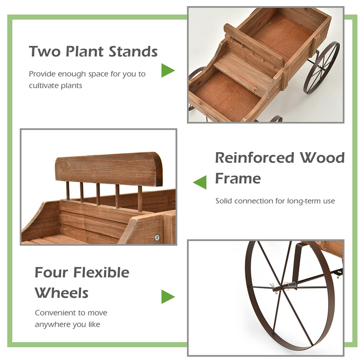 Giantex Decorative Garden Planter, Small Wagon Cart with Metal Wheels, Wood Raised Beds Plant Pot Stand for Backyard Garden Patio 24.5"x13.5"x24"