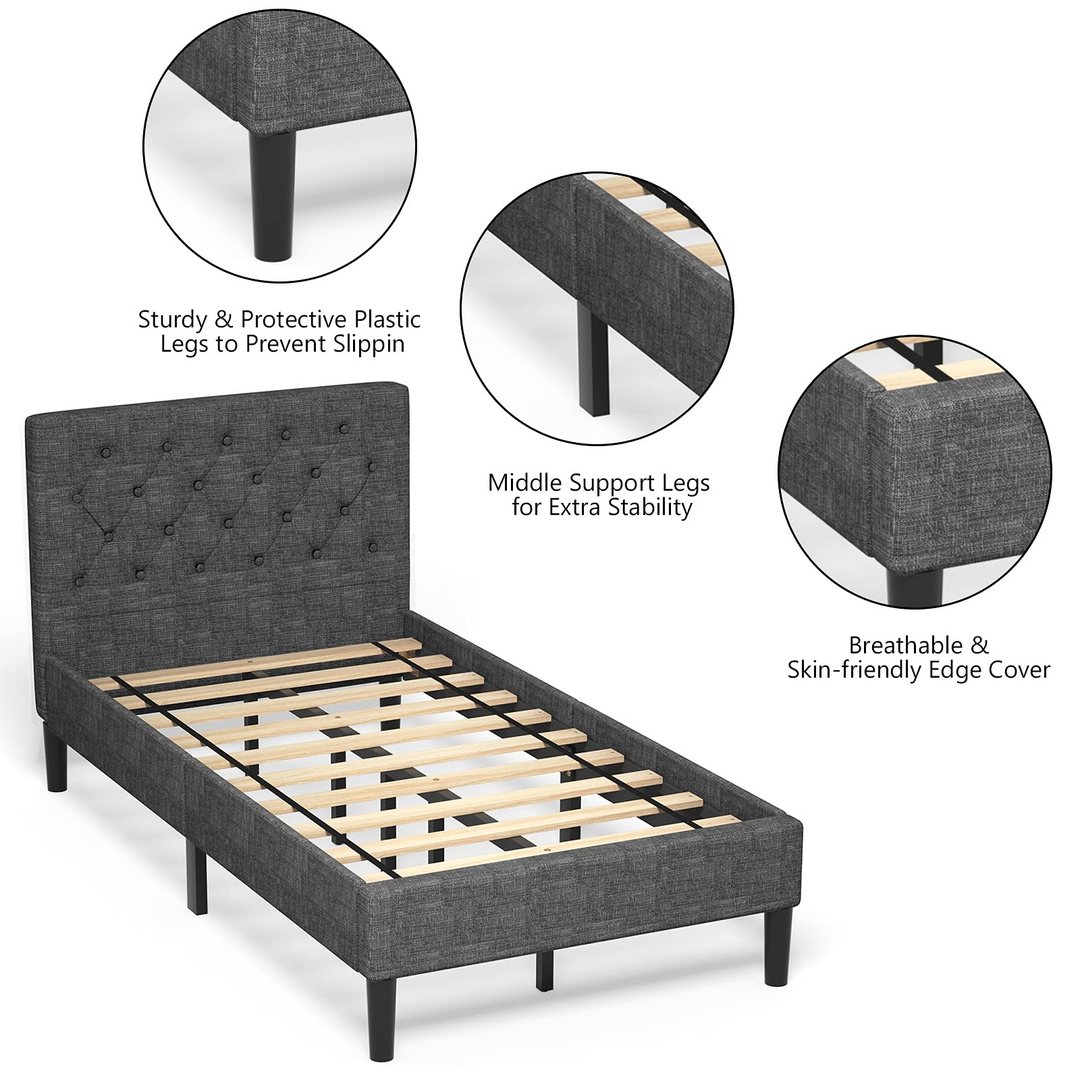 Elegant &amp; Modern Style Twin Size Upholstered Stable Bed Base with Button Stitched Headboard