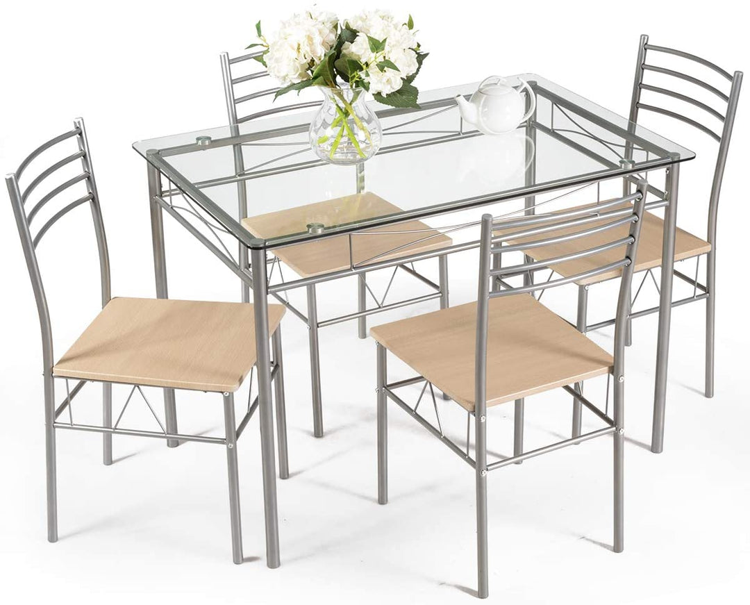 5 Pieces Dining Set Glass Table and 4 Chairs