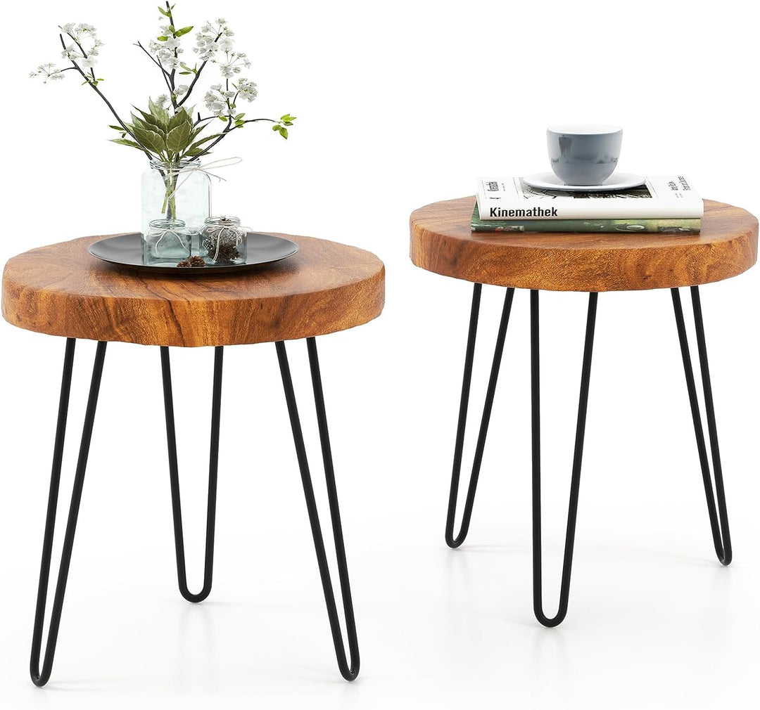 Giantex Teak Wood End Table, Solid Live Edge Outdoor Side Table w/Natural Grain &amp; Heavy-Duty Metal Legs