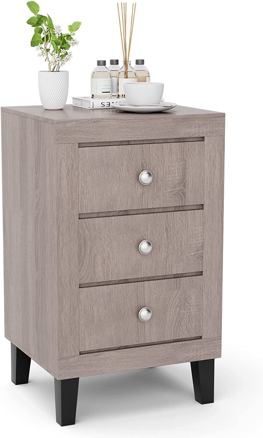 Giantex Nightstand with 3 Drawers, 26.5" Wood End Side Table w/Handles &amp; Rubber Solid Wood Legs