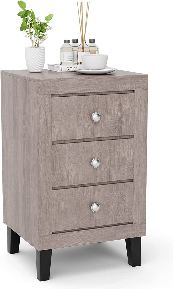 Giantex Nightstand with 3 Drawers, 26.5" Wood End Side Table w/Handles &amp; Rubber Solid Wood Legs