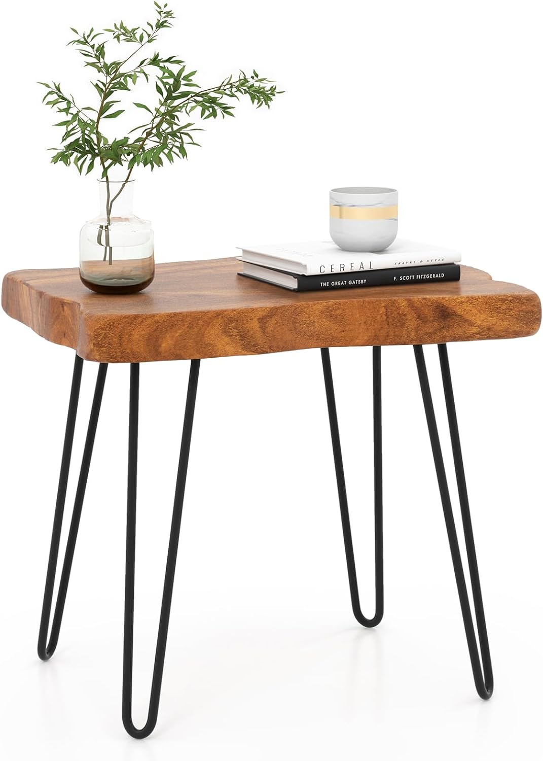Giantex Teak Wood End Table, Solid Live Edge Outdoor Side Table w/Natural Grain &amp; Heavy-Duty Metal Legs