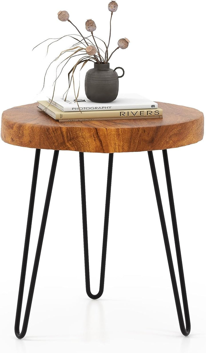 Giantex Teak Wood End Table, Solid Live Edge Outdoor Side Table w/Natural Grain &amp; Heavy-Duty Metal Legs