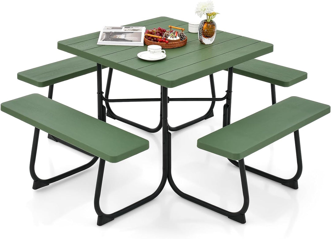 Giantex Picnic Table Set for 4-8 Persons, Outdoor Table and Bench Set with Umbrella Hole, HDPE Top &amp; Metal Frame