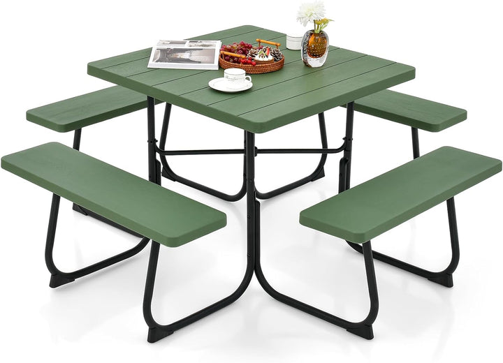 Giantex Picnic Table Set for 4-8 Persons, Outdoor Table and Bench Set with Umbrella Hole, HDPE Top &amp; Metal Frame