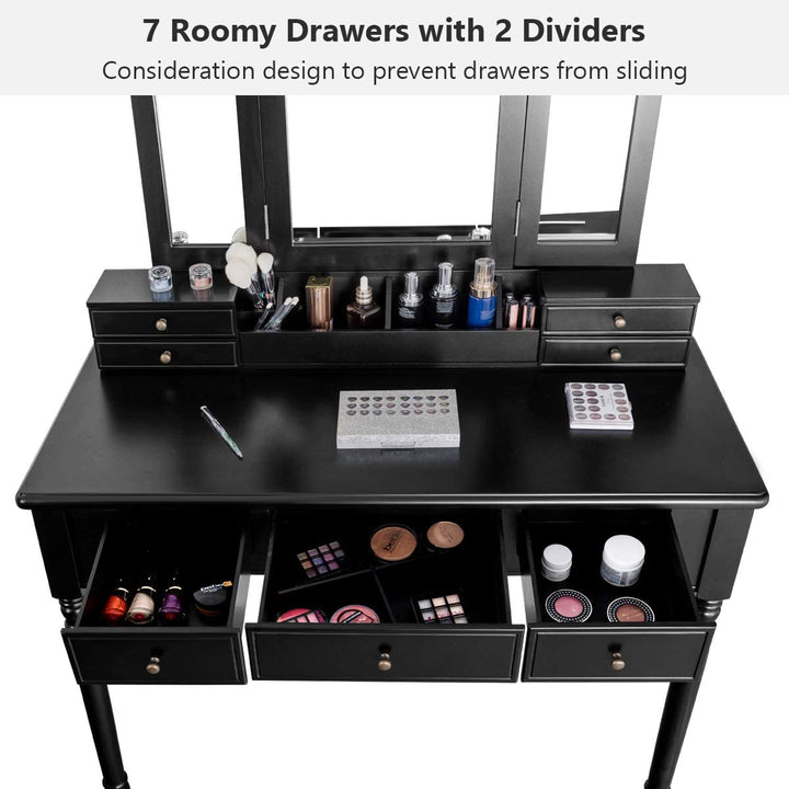 Vanity Set with Tri-Folding Mirror &amp; 8 Necklace Hooks, 7 Drawers, 2 Dividers, 6 Desktop Makeup Organizers - Giantexus