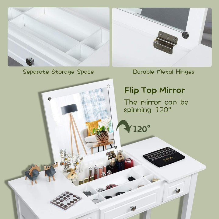 CHARMAID Vanity Set with Flip Top Mirror and 3 Drawers &amp;7 Compartments, White - Giantexus