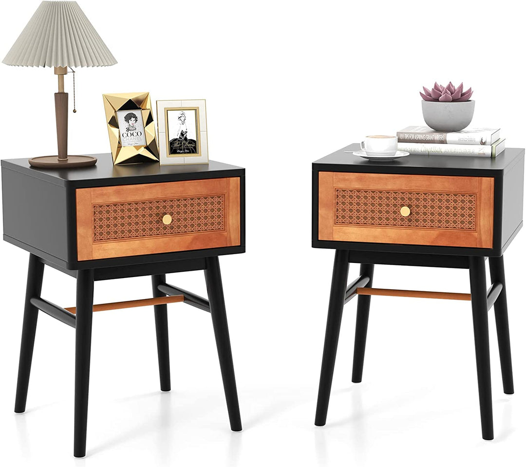 Giantex Rattan Nightstand, Boho End Side Table with Rattan Decorated Storage Drawer &amp; Solid Wood Legs