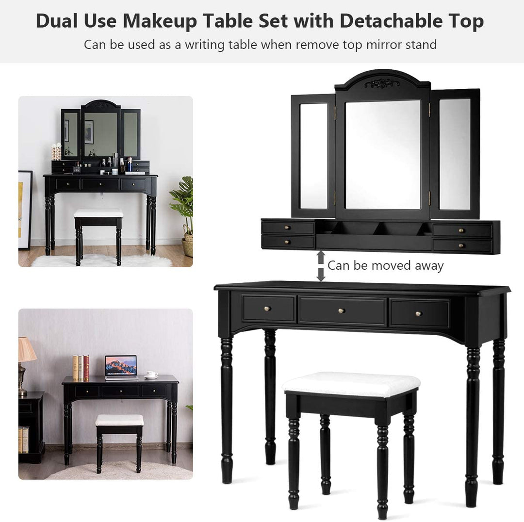 Vanity Set with Tri-Folding Mirror &amp; 8 Necklace Hooks, 7 Drawers, 2 Dividers, 6 Desktop Makeup Organizers - Giantexus